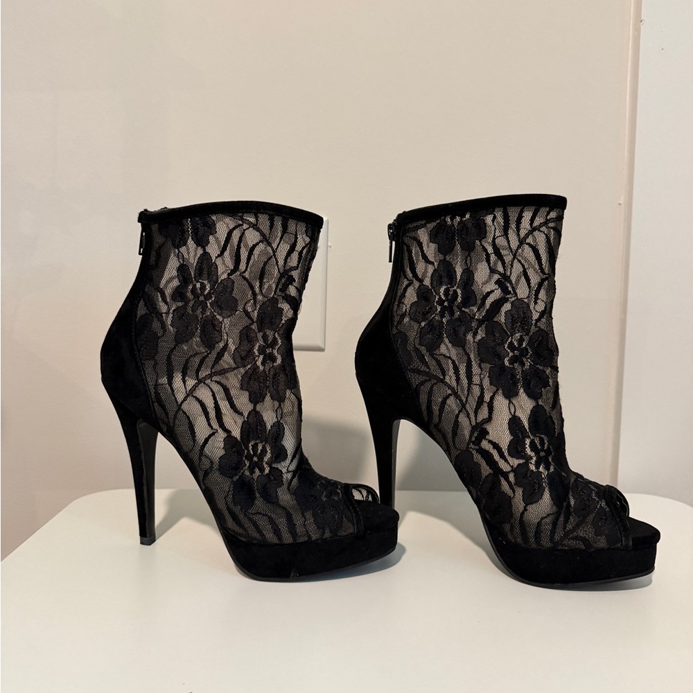 ALDO Black Lace Peep-Toe High Heel Booties